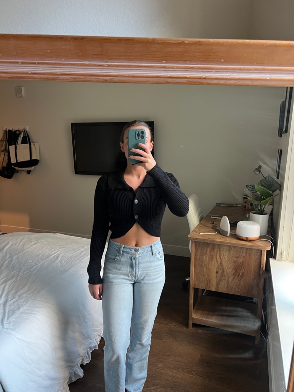 MARBLE Black Cropped Rib-Knit Button Cardigan